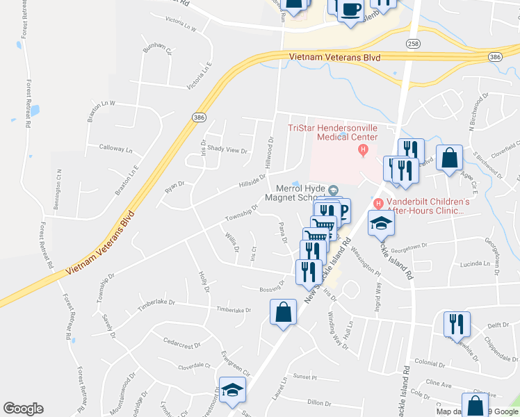 map of restaurants, bars, coffee shops, grocery stores, and more near 135 Township Drive in Hendersonville