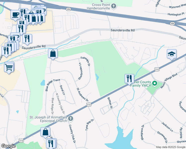 map of restaurants, bars, coffee shops, grocery stores, and more near 113 Fairways Drive in Hendersonville