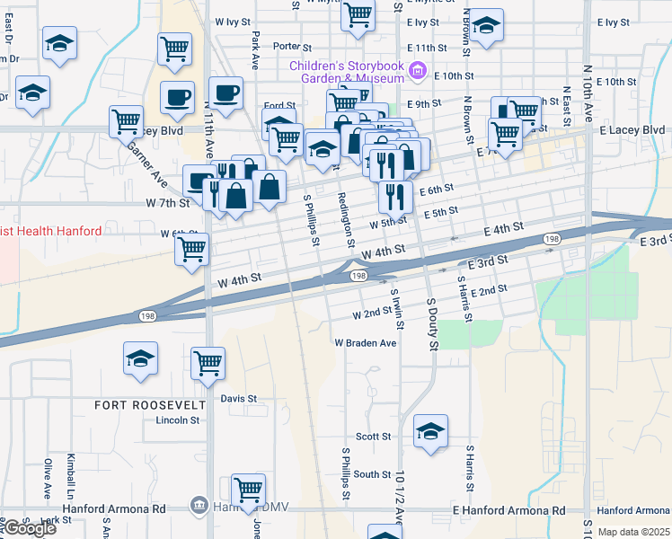 map of restaurants, bars, coffee shops, grocery stores, and more near 351 W 4th St in Hanford