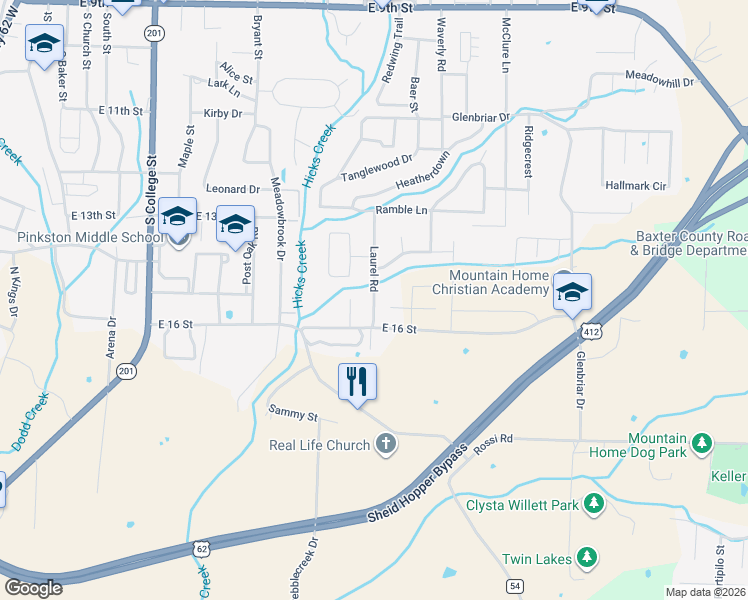 map of restaurants, bars, coffee shops, grocery stores, and more near 1501 Stonebrook Court in Mountain Home