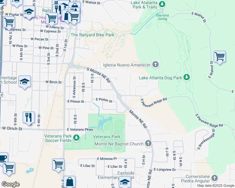 map of restaurants, bars, coffee shops, grocery stores, and more near 616 East Mulberry Street in Rogers
