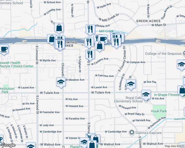 map of restaurants, bars, coffee shops, grocery stores, and more near 921 South Silvervale Street in Visalia