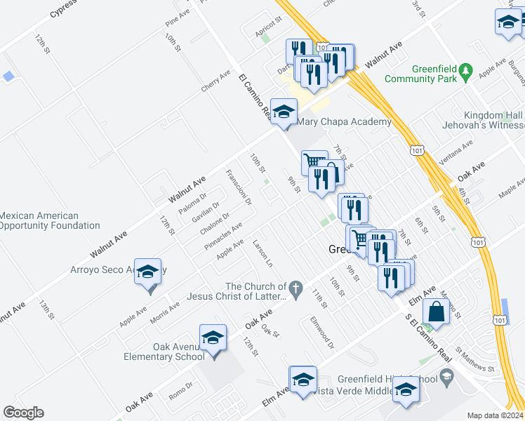 map of restaurants, bars, coffee shops, grocery stores, and more near 1067 Pinnacles Avenue in Greenfield