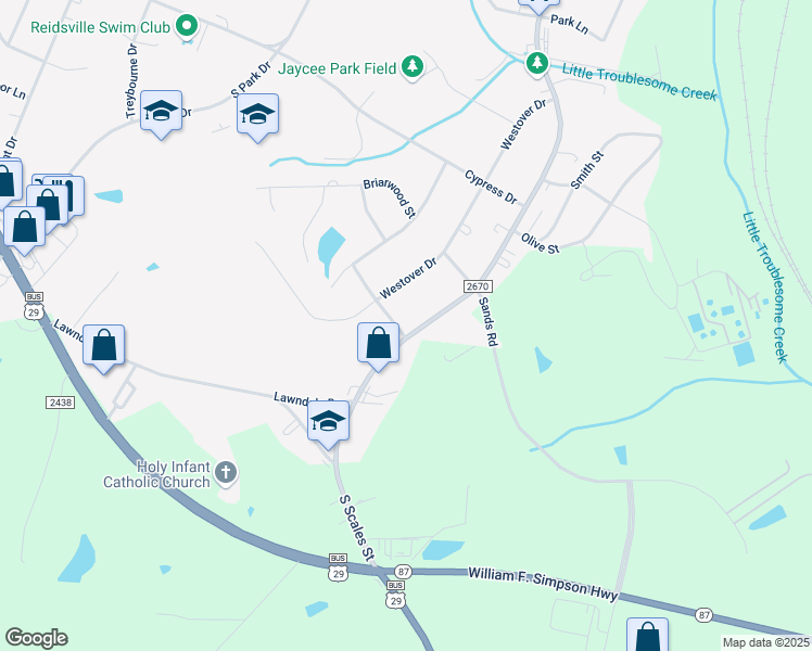 map of restaurants, bars, coffee shops, grocery stores, and more near 2324 South Scales Street in Reidsville