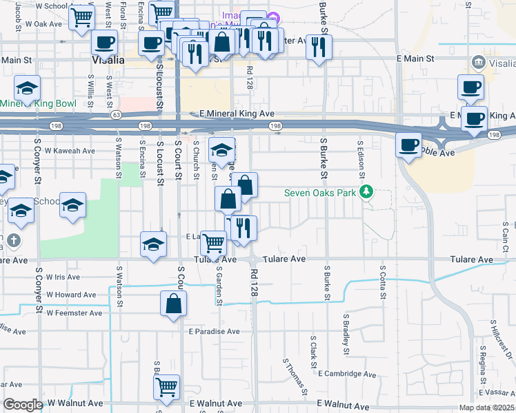 map of restaurants, bars, coffee shops, grocery stores, and more near 505 East Sequoia Avenue in Visalia