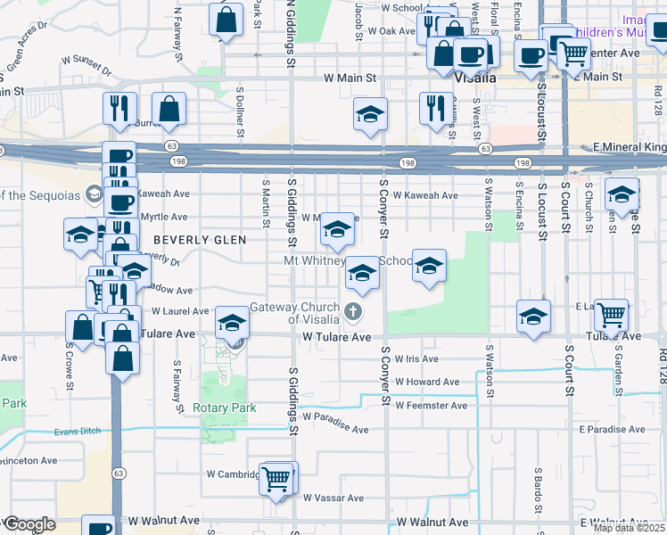 map of restaurants, bars, coffee shops, grocery stores, and more near 901 South Sowell Street in Visalia
