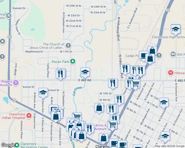 map of restaurants, bars, coffee shops, grocery stores, and more near 900 West Blue Starr Drive in Claremore
