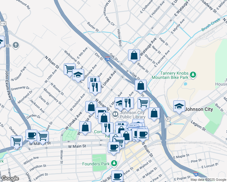 map of restaurants, bars, coffee shops, grocery stores, and more near 122 East Watauga Avenue in Johnson City