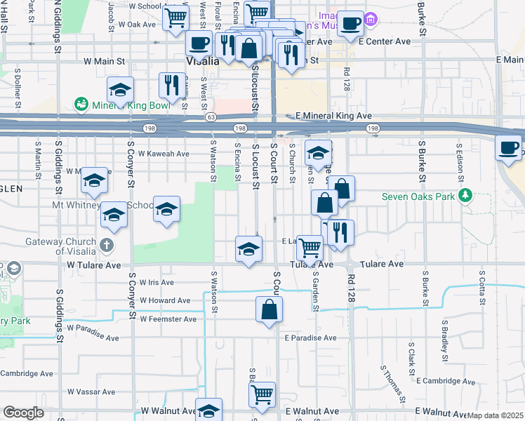 map of restaurants, bars, coffee shops, grocery stores, and more near 726 South Locust Street in Visalia