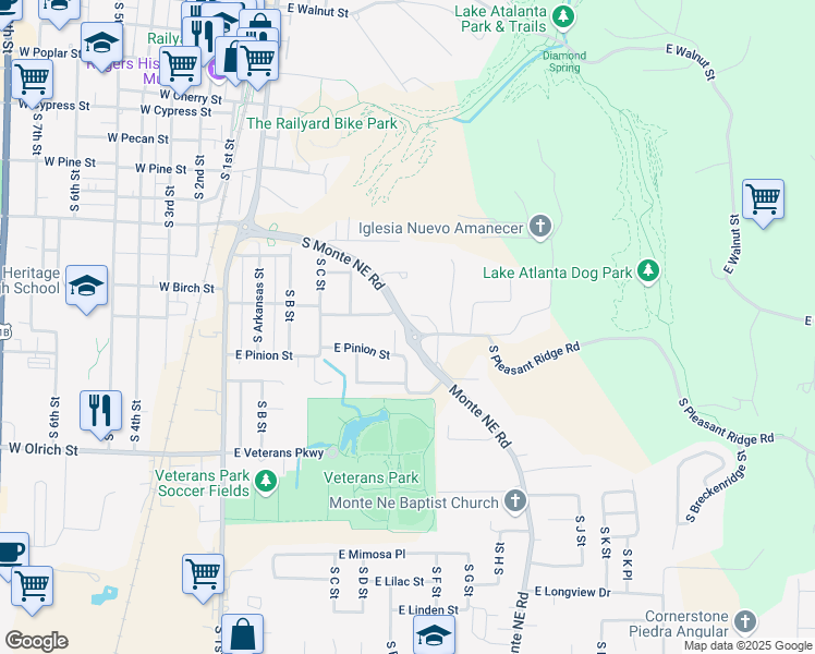 map of restaurants, bars, coffee shops, grocery stores, and more near 616 East Mulberry Street in Rogers