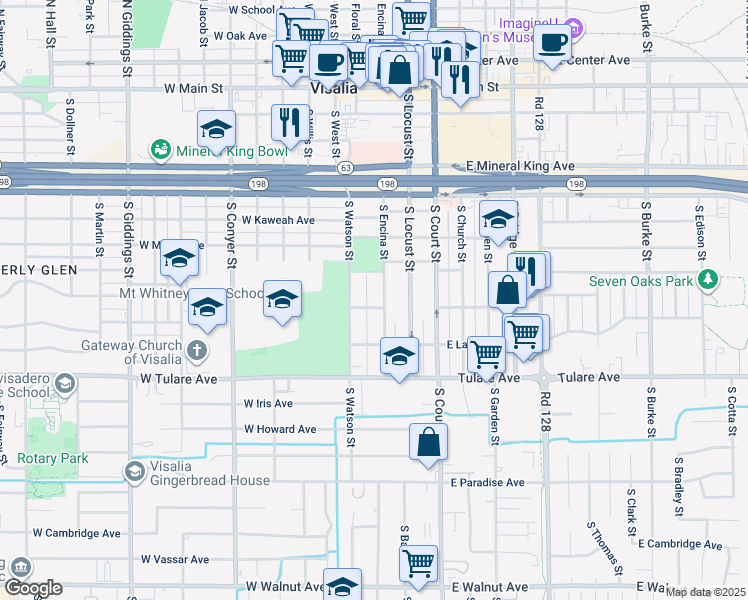 map of restaurants, bars, coffee shops, grocery stores, and more near 307 West Sequoia Avenue in Visalia