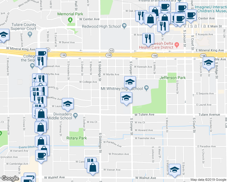 map of restaurants, bars, coffee shops, grocery stores, and more near 916 South Oak Park Street in Visalia