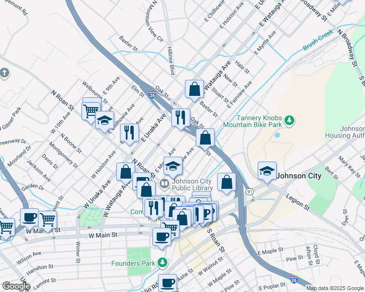 map of restaurants, bars, coffee shops, grocery stores, and more near 212 East Myrtle Avenue in Johnson City