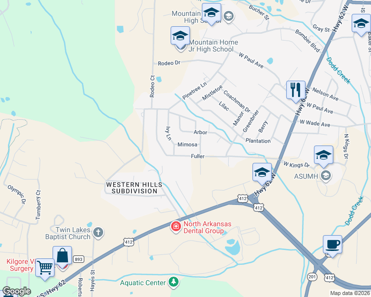map of restaurants, bars, coffee shops, grocery stores, and more near 1904 Fuller in Mountain Home