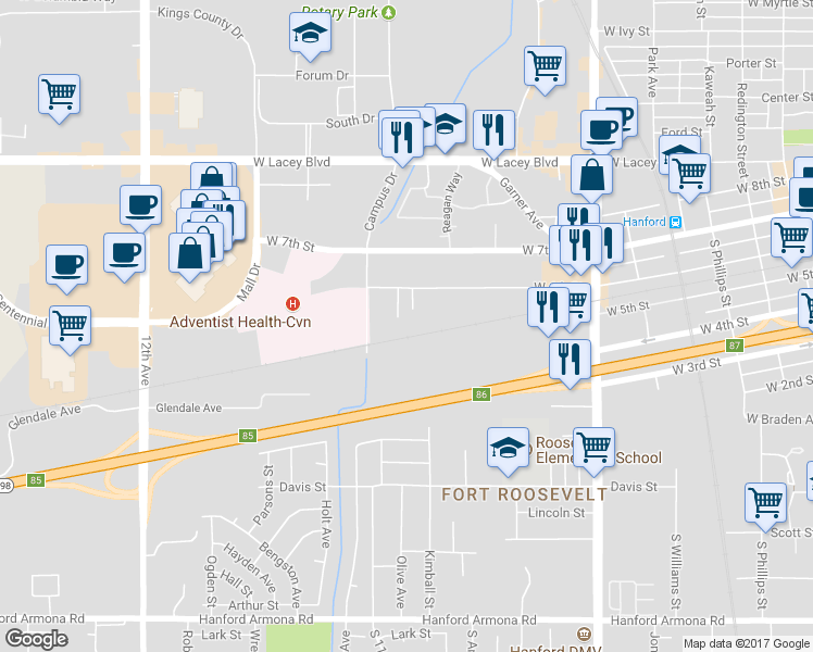 map of restaurants, bars, coffee shops, grocery stores, and more near 181 Henderson Street in Hanford