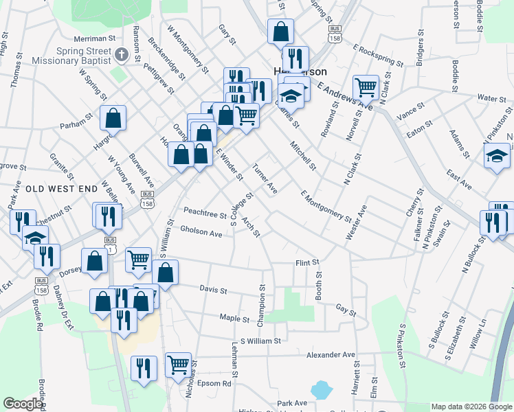 map of restaurants, bars, coffee shops, grocery stores, and more near 422 East Winder Street in Henderson