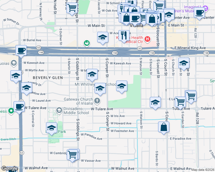 map of restaurants, bars, coffee shops, grocery stores, and more near 900 South Conyer Street in Visalia