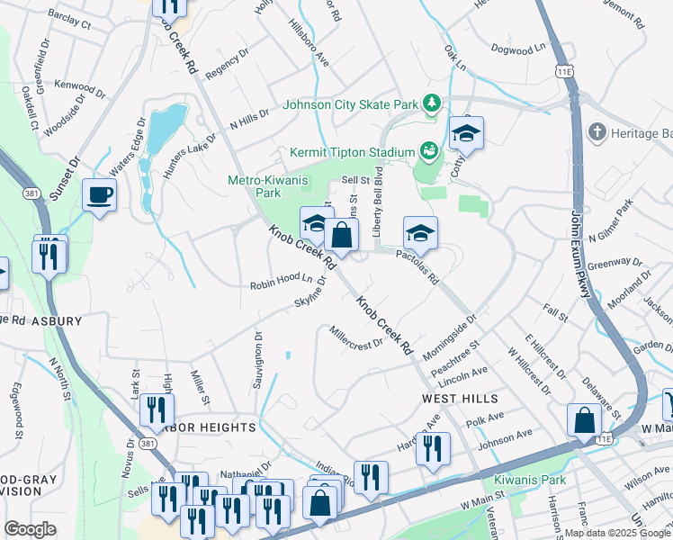 map of restaurants, bars, coffee shops, grocery stores, and more near 1003 Skyline Drive in Johnson City