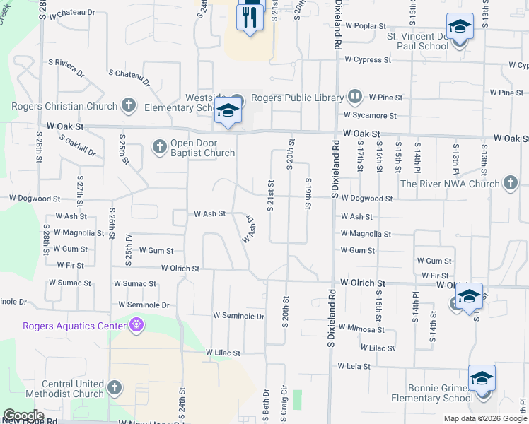 map of restaurants, bars, coffee shops, grocery stores, and more near 1007 South 21st Street in Rogers