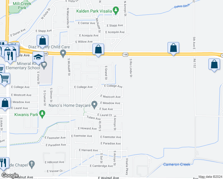 map of restaurants, bars, coffee shops, grocery stores, and more near 838 South Grand Street in Visalia