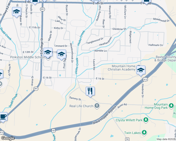 map of restaurants, bars, coffee shops, grocery stores, and more near 1501 Stonebrook Court in Mountain Home