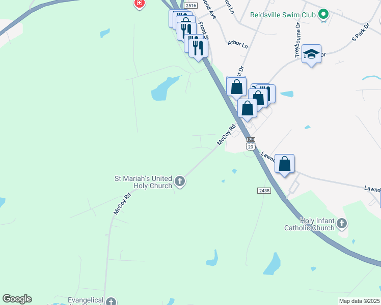 map of restaurants, bars, coffee shops, grocery stores, and more near 200 Birchwood Drive in Reidsville