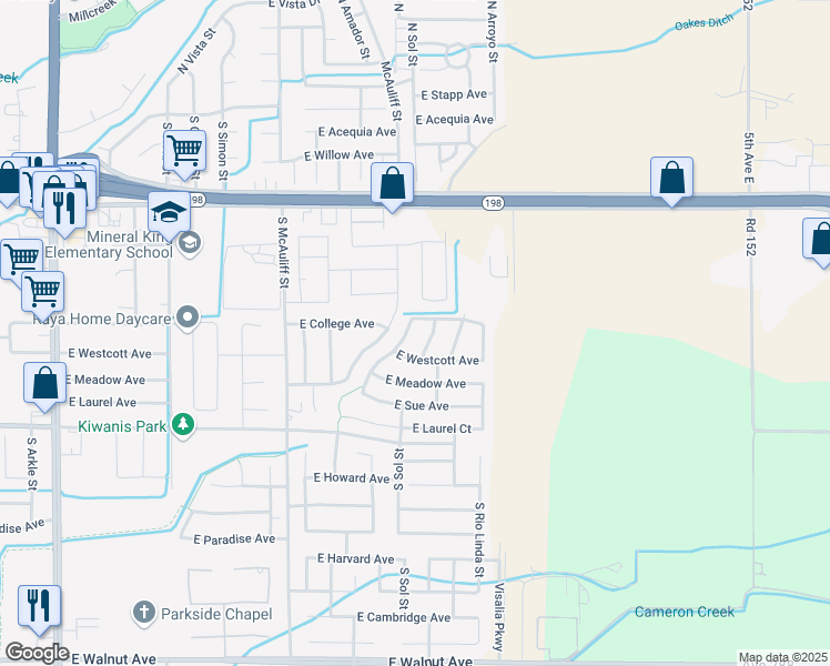 map of restaurants, bars, coffee shops, grocery stores, and more near 840 South Rio Vista Street in Visalia