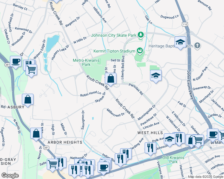 map of restaurants, bars, coffee shops, grocery stores, and more near 1402 Knob Creek Road in Johnson City