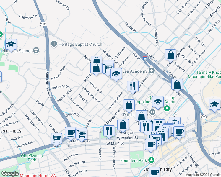 map of restaurants, bars, coffee shops, grocery stores, and more near 110 West Chilhowie Avenue in Johnson City
