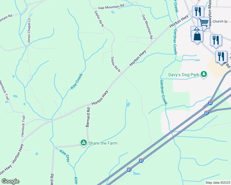 map of restaurants, bars, coffee shops, grocery stores, and more near 5600 Horton Highway in Greeneville