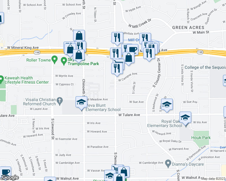 map of restaurants, bars, coffee shops, grocery stores, and more near 845 South Demaree Street in Visalia