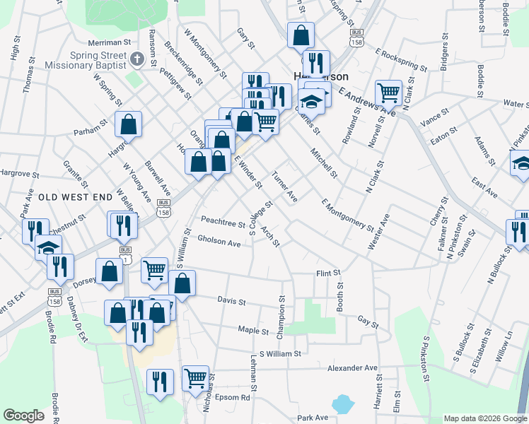 map of restaurants, bars, coffee shops, grocery stores, and more near 422 East Winder Street in Henderson