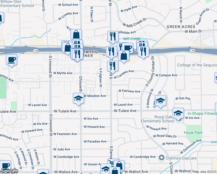map of restaurants, bars, coffee shops, grocery stores, and more near 839 South Demaree Street in Visalia