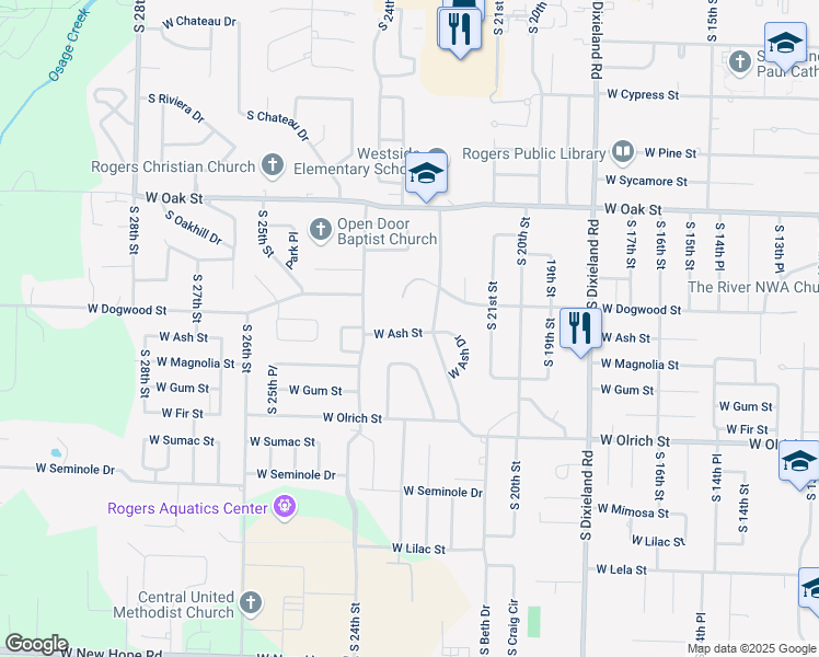 map of restaurants, bars, coffee shops, grocery stores, and more near 2205 West Ash Street in Rogers