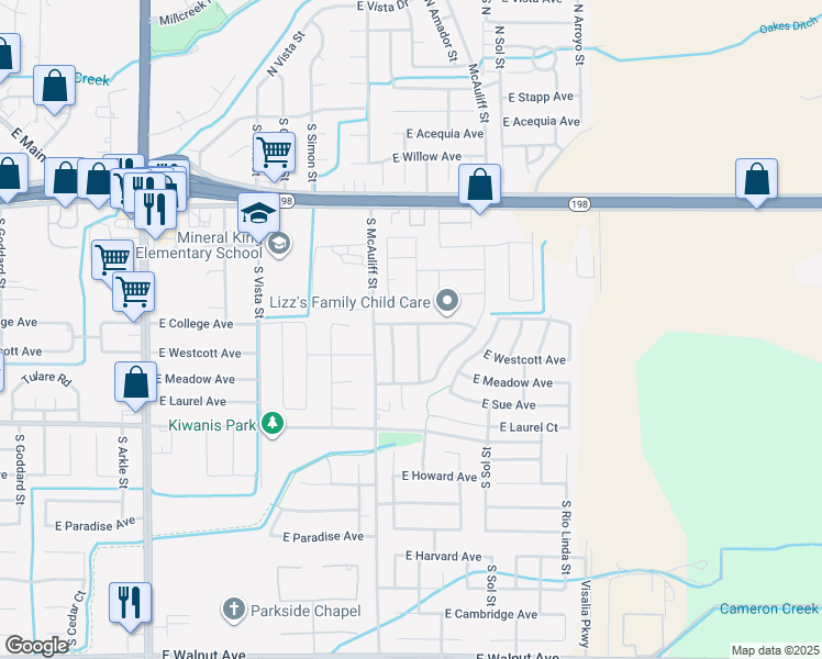 map of restaurants, bars, coffee shops, grocery stores, and more near 906 South Elverta Street in Visalia
