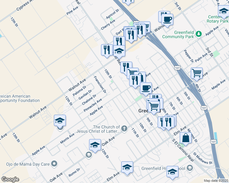 map of restaurants, bars, coffee shops, grocery stores, and more near 1067 Pinnacles Avenue in Greenfield