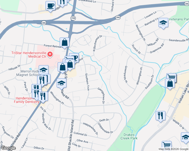 map of restaurants, bars, coffee shops, grocery stores, and more near 109 Glen Oak Court East in Hendersonville