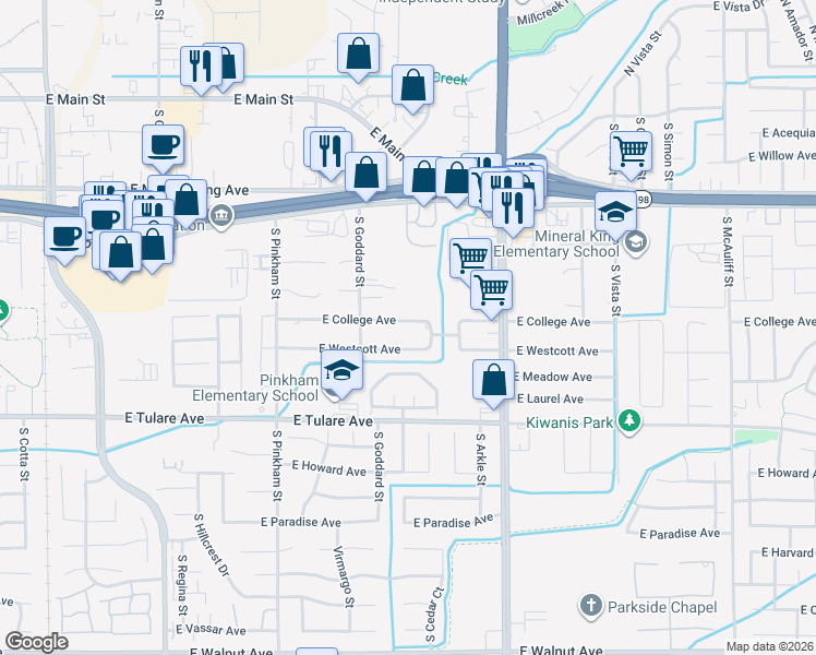 map of restaurants, bars, coffee shops, grocery stores, and more near 2539 East College Avenue in Visalia