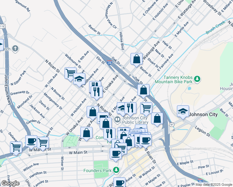 map of restaurants, bars, coffee shops, grocery stores, and more near 122 East Watauga Avenue in Johnson City