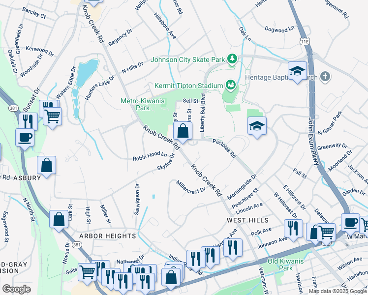 map of restaurants, bars, coffee shops, grocery stores, and more near 1402 Knob Creek Road in Johnson City