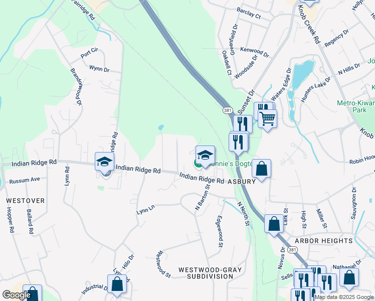 map of restaurants, bars, coffee shops, grocery stores, and more near 2018 Indian Ridge Road in Johnson City
