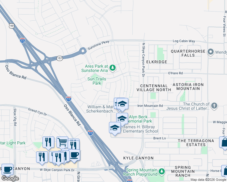 map of restaurants, bars, coffee shops, grocery stores, and more near Iron Mountain Road in Las Vegas
