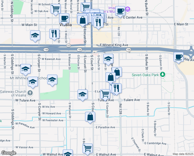 map of restaurants, bars, coffee shops, grocery stores, and more near 619 South Church Street in Visalia