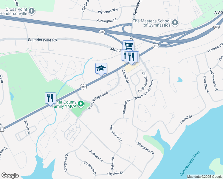 map of restaurants, bars, coffee shops, grocery stores, and more near 5 Music Village Boulevard in Hendersonville