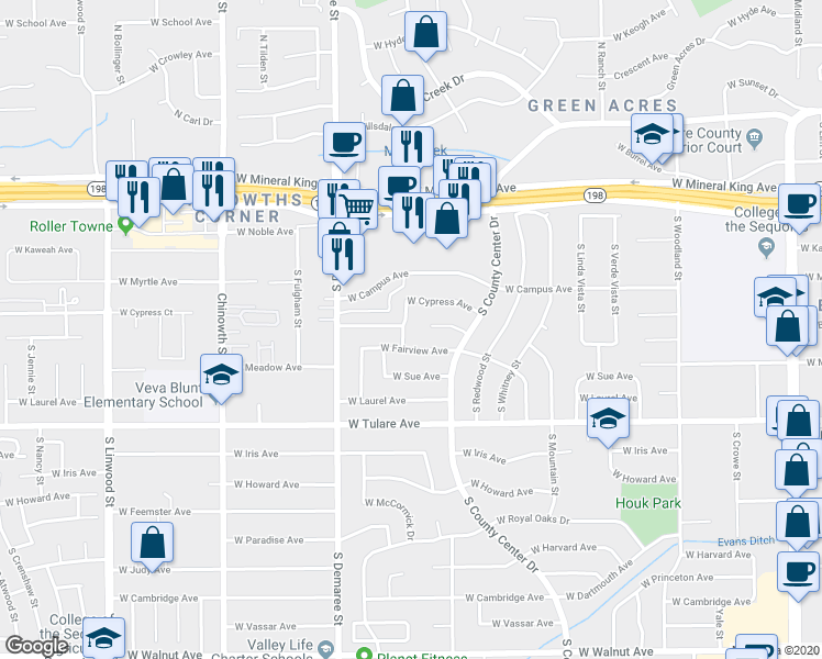 map of restaurants, bars, coffee shops, grocery stores, and more near 830 South Leila Street in Visalia