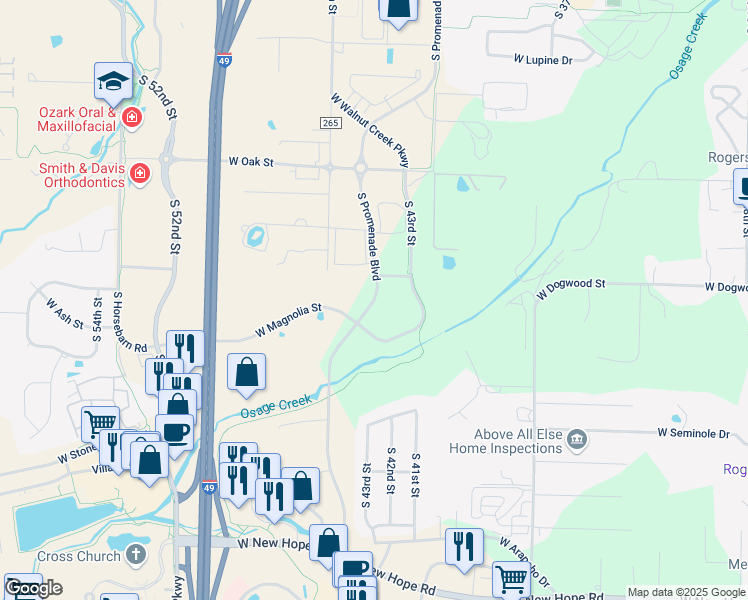 map of restaurants, bars, coffee shops, grocery stores, and more near N 40th St in Rogers