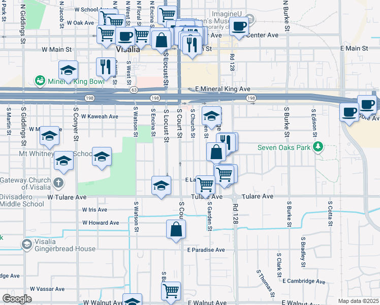 map of restaurants, bars, coffee shops, grocery stores, and more near 617 South Church Street in Visalia