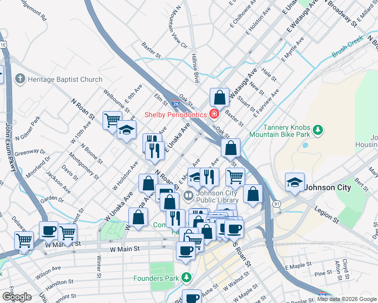 map of restaurants, bars, coffee shops, grocery stores, and more near 122 East Watauga Avenue in Johnson City