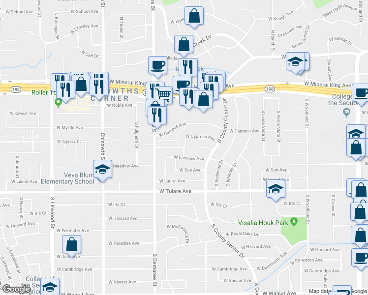 map of restaurants, bars, coffee shops, grocery stores, and more near West College Court & South Leila Street in Visalia
