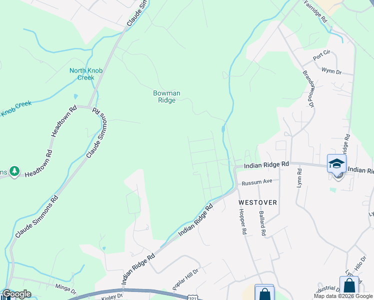 map of restaurants, bars, coffee shops, grocery stores, and more near 2936 Indian Ridge Road in Johnson City